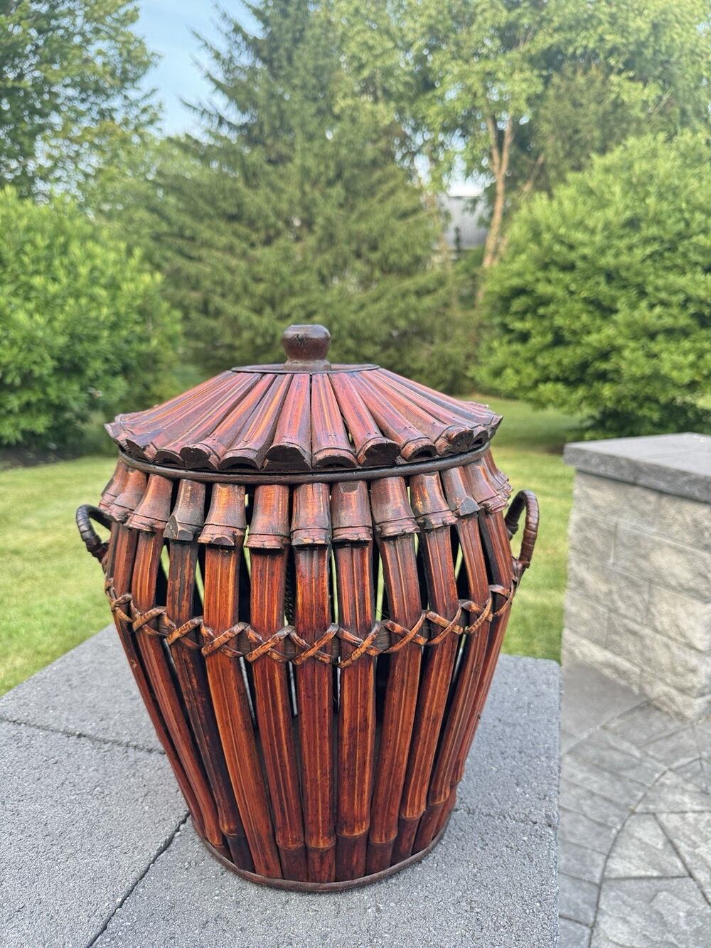 Large Asian Ikebana Bamboo Basket Lidded Woven Tortoise Floor Vase 17"